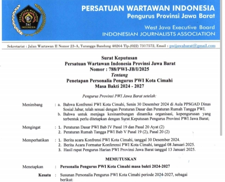 Pelantikan Pengurus PWI Kota Cimahi 2024-2027 Digelar 19 Februari, Bertepatan dengan HPN 2025